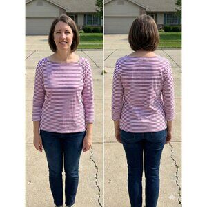 Talbots Womens Medium M Purple White Striped Boat Neck Cotton 3/4 Sleeve Top